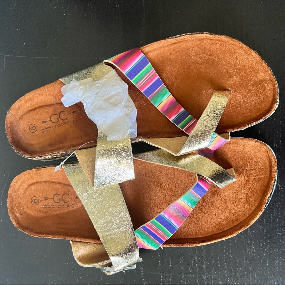 BRAND NEW, Size 9, Serape/Metallic sandals